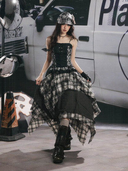 Plaid Asymmetrical Patchwork High-Waisted Midi Skirt 【s0000017942】