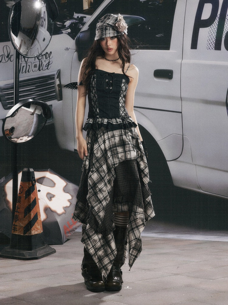 Plaid Asymmetrical Patchwork High-Waisted Midi Skirt 【s0000017942】
