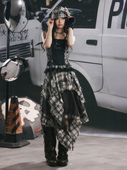 Plaid Asymmetrical Patchwork High-Waisted Midi Skirt 【s0000017942】