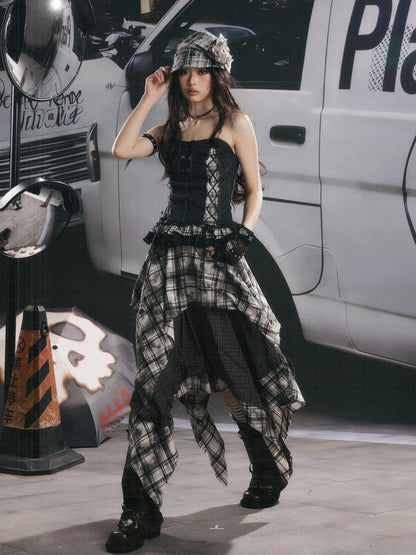 Plaid Asymmetrical Patchwork High-Waisted Midi Skirt 【s0000017942】