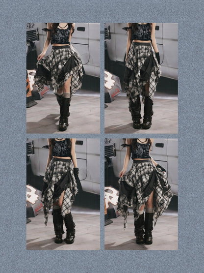 Plaid Asymmetrical Patchwork High-Waisted Midi Skirt 【s0000017942】