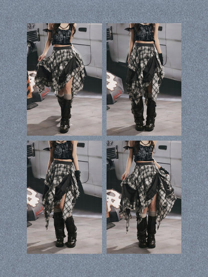 Plaid Asymmetrical Patchwork High-Waisted Midi Skirt 【s0000017942】