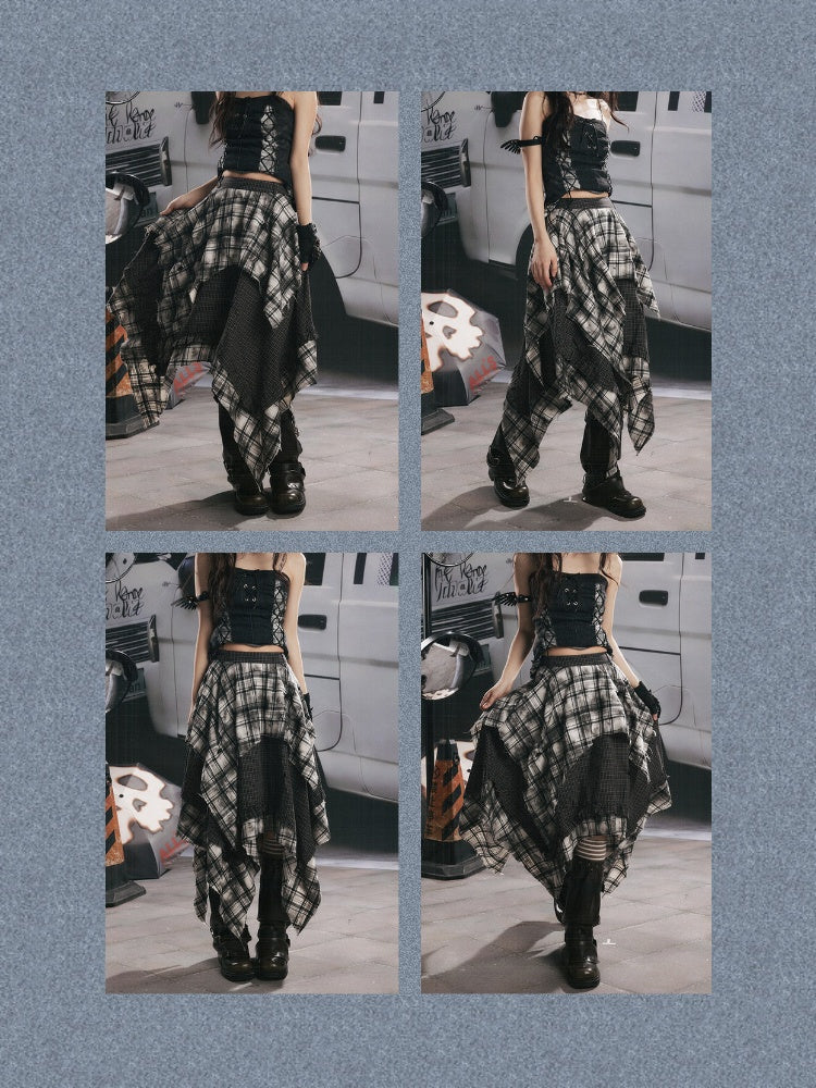 Plaid Asymmetrical Patchwork High-Waisted Midi Skirt 【s0000017942】
