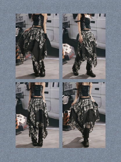 Plaid Asymmetrical Patchwork High-Waisted Midi Skirt 【s0000017942】