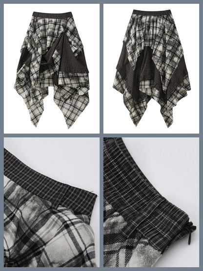 Plaid Asymmetrical Patchwork High-Waisted Midi Skirt 【s0000017942】