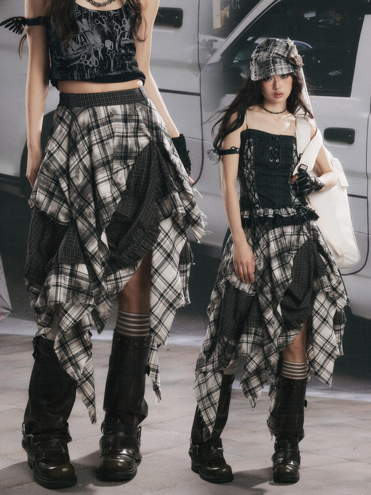Plaid Asymmetrical Patchwork High-Waisted Midi Skirt 【s0000017942】