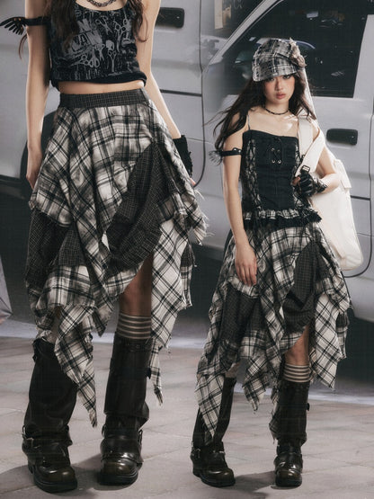 Plaid Asymmetrical Patchwork High-Waisted Midi Skirt 【s0000017942】