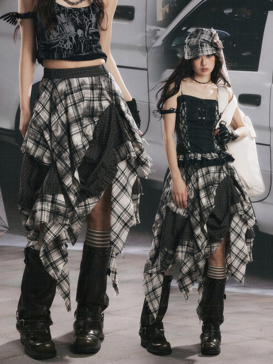 Plaid Asymmetrical Patchwork High-Waisted Midi Skirt 【s0000017942】
