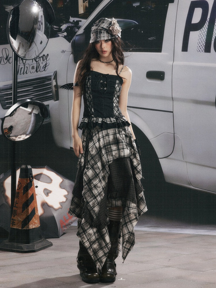 Plaid Asymmetrical Patchwork High-Waisted Midi Skirt 【s0000017942】