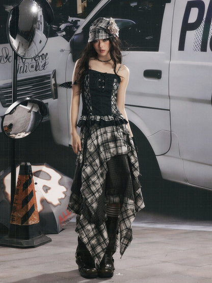 Plaid Asymmetrical Patchwork High-Waisted Midi Skirt 【s0000017942】