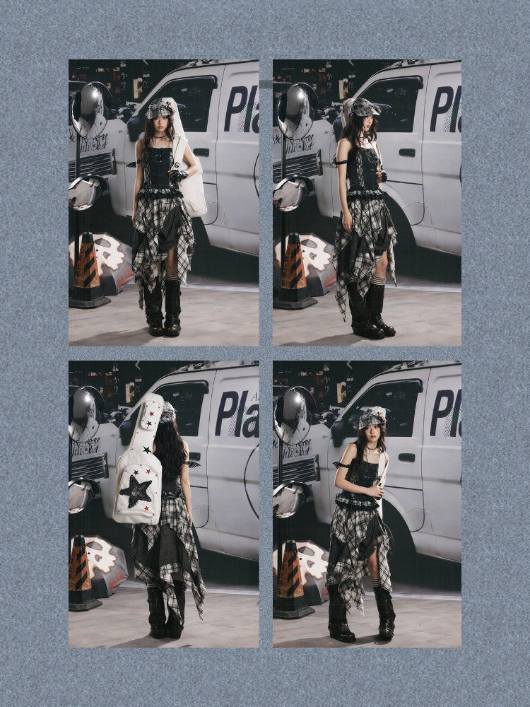 Plaid Patchwork Ruffled Denim Camisole【s0000017943】