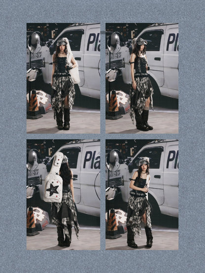 Plaid Patchwork Ruffled Denim Camisole【s0000017943】