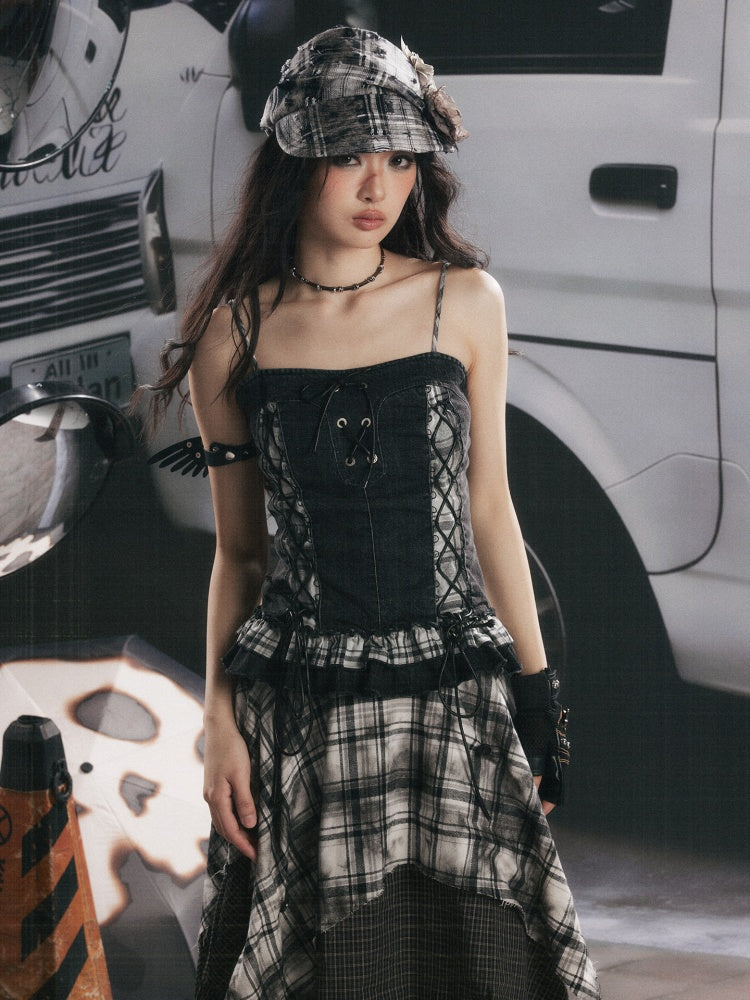 Plaid Patchwork Ruffled Denim Camisole【s0000017943】