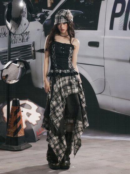 Plaid Patchwork Ruffled Denim Camisole【s0000017943】