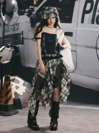 Plaid Patchwork Ruffled Denim Camisole【s0000017943】