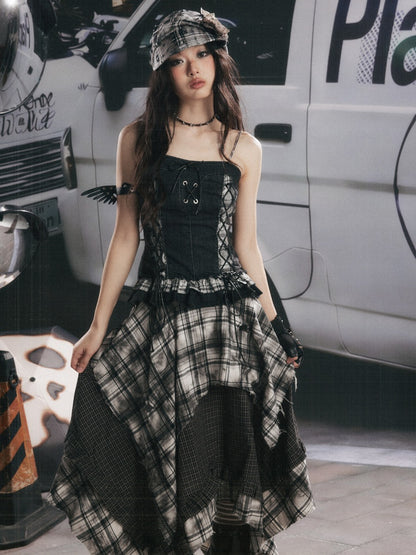 Plaid Patchwork Ruffled Denim Camisole【s0000017943】