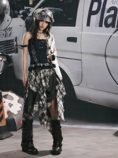 Plaid Patchwork Ruffled Denim Camisole【s0000017943】