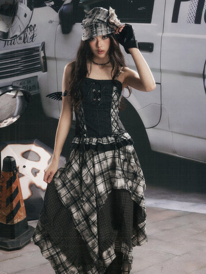 Plaid Patchwork Ruffled Denim Camisole【s0000017943】