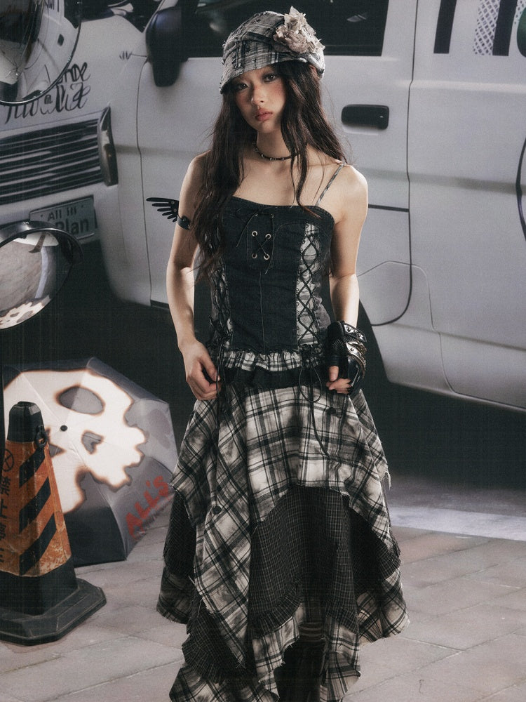 Plaid Patchwork Ruffled Denim Camisole【s0000017943】