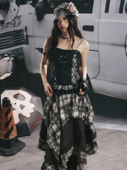 Plaid Patchwork Ruffled Denim Camisole【s0000017943】