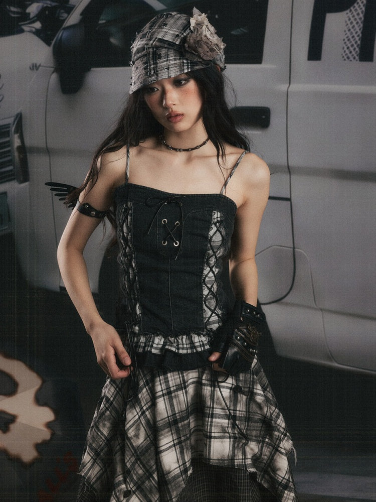 Plaid Patchwork Ruffled Denim Camisole【s0000017943】