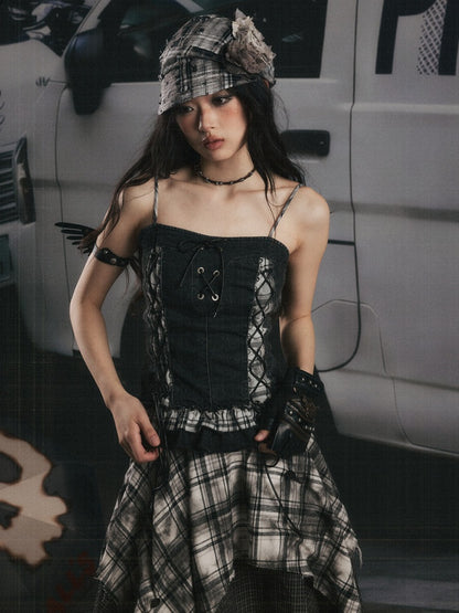 Plaid Patchwork Ruffled Denim Camisole【s0000017943】