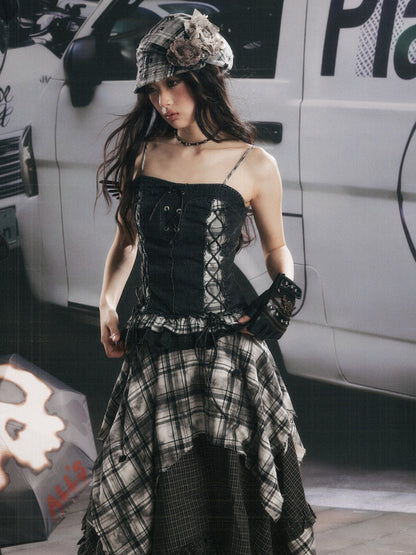 Plaid Patchwork Ruffled Denim Camisole【s0000017943】