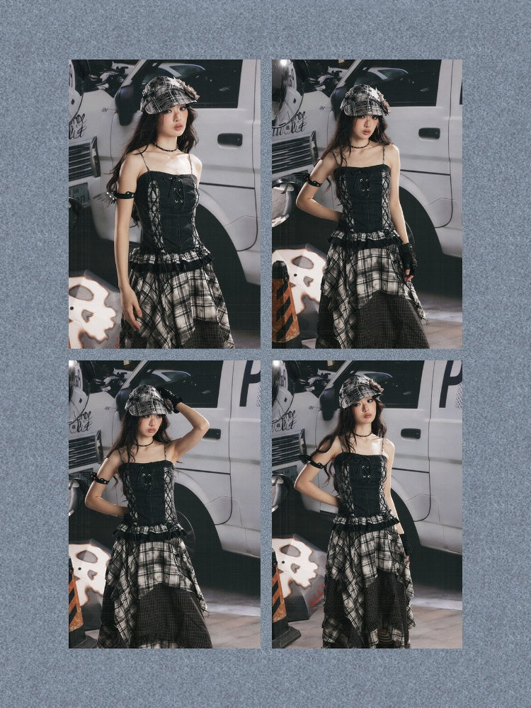 Plaid Patchwork Ruffled Denim Camisole【s0000017943】