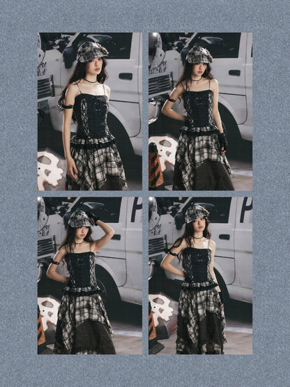 Plaid Patchwork Ruffled Denim Camisole【s0000017943】