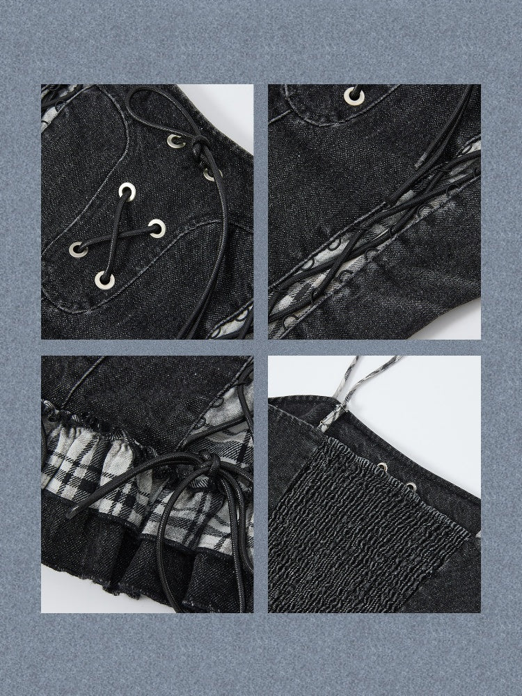 Plaid Patchwork Ruffled Denim Camisole【s0000017943】