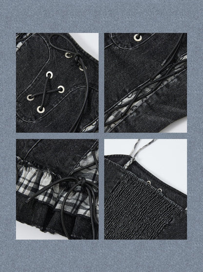 Plaid Patchwork Ruffled Denim Camisole【s0000017943】
