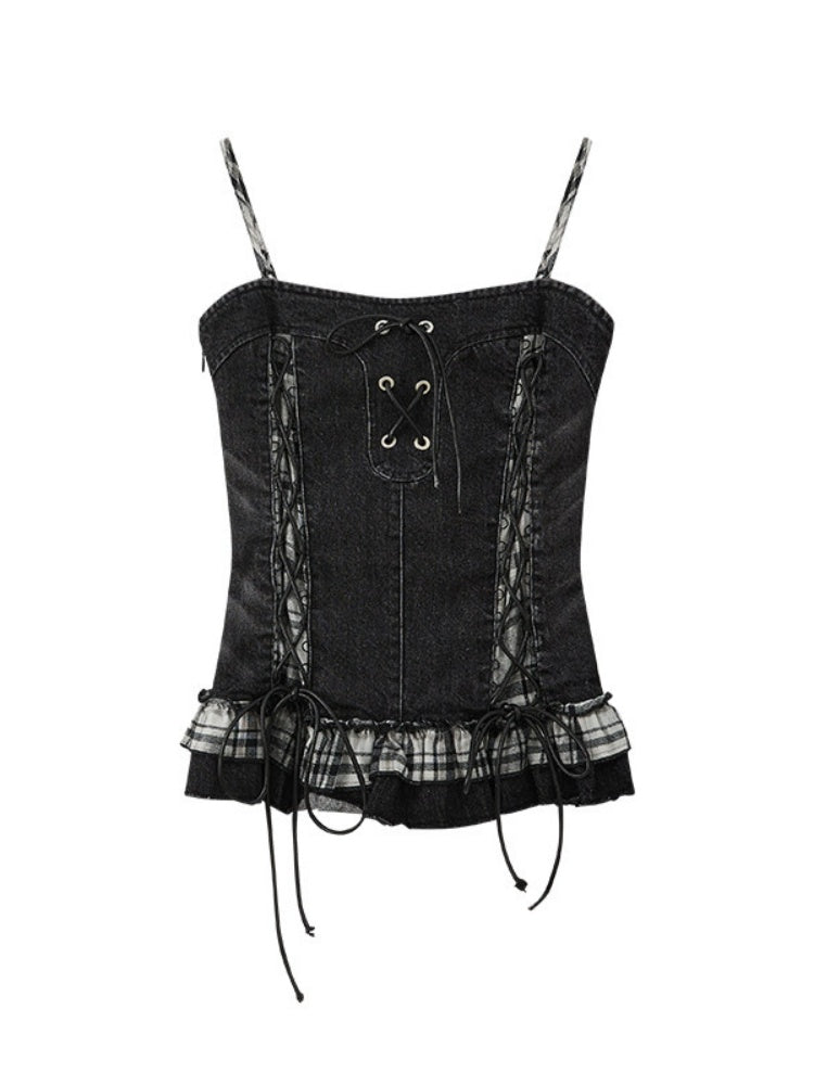 Plaid Patchwork Ruffled Denim Camisole【s0000017943】