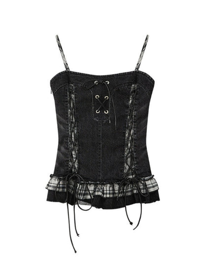 Plaid Patchwork Ruffled Denim Camisole【s0000017943】