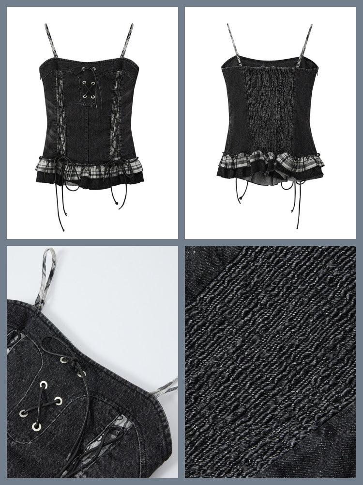 Plaid Patchwork Ruffled Denim Camisole【s0000017943】