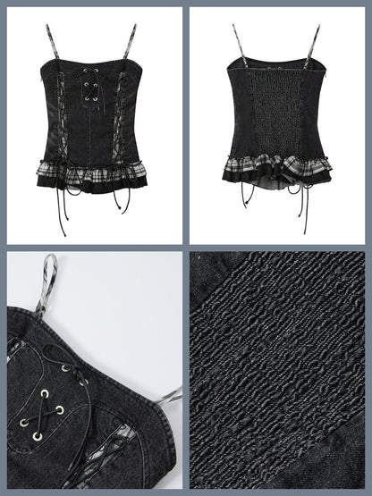 Plaid Patchwork Ruffled Denim Camisole【s0000017943】