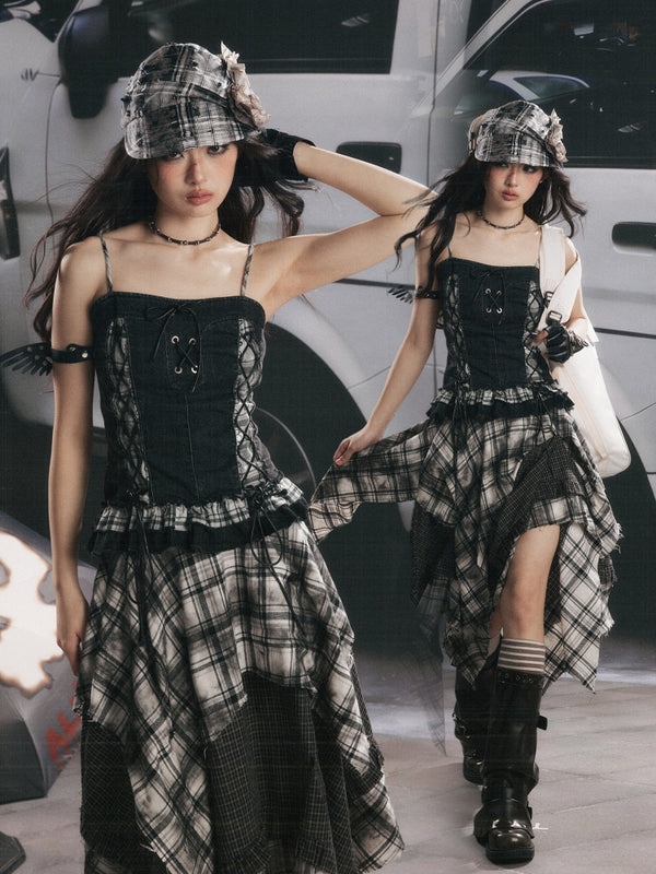 Plaid Patchwork Ruffled Denim Camisole【s0000017943】
