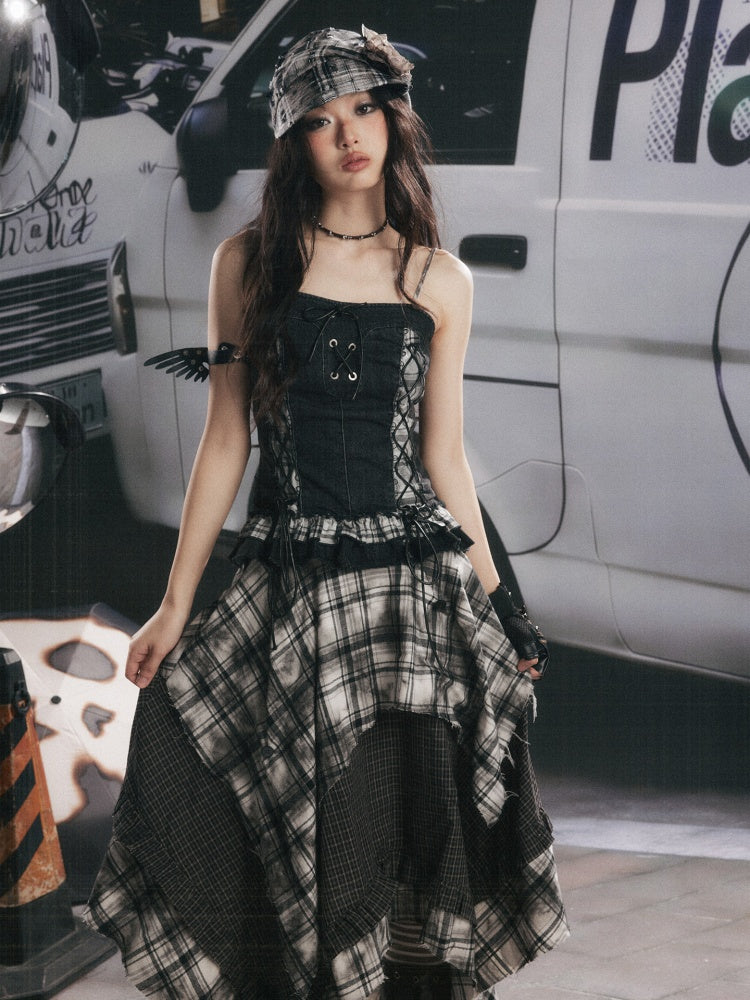 Plaid Patchwork Ruffled Denim Camisole【s0000017943】