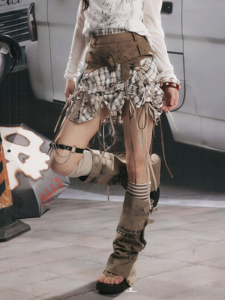 Ultra-Long Ribbon Plaid Wide Belt Niche Short Skirt【s0000017944】