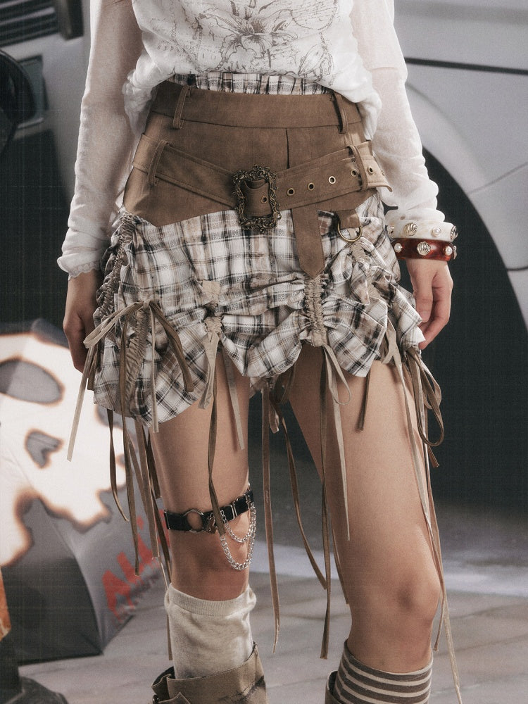 Ultra-Long Ribbon Plaid Wide Belt Niche Short Skirt【s0000017944】