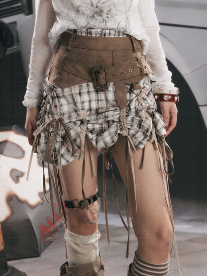 Ultra-Long Ribbon Plaid Wide Belt Niche Short Skirt【s0000017944】