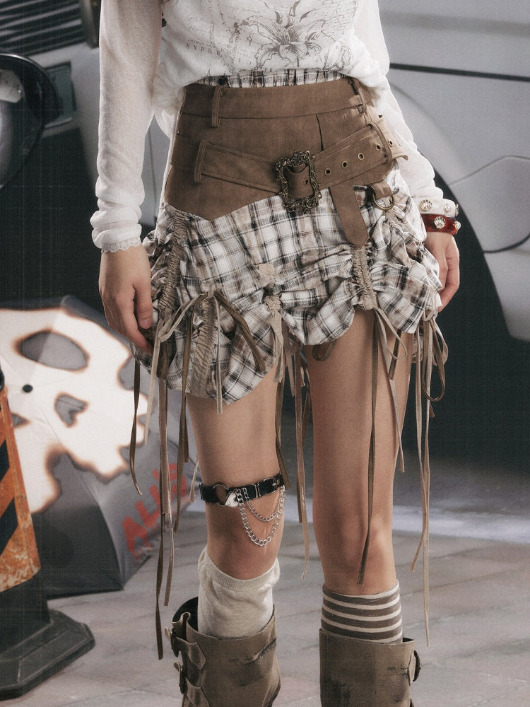 Ultra-Long Ribbon Plaid Wide Belt Niche Short Skirt【s0000017944】
