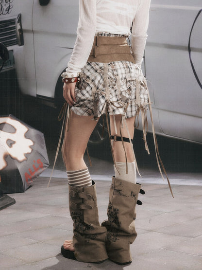 Ultra-Long Ribbon Plaid Wide Belt Niche Short Skirt【s0000017944】