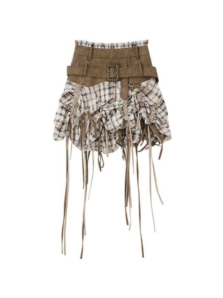 Ultra-Long Ribbon Plaid Wide Belt Niche Short Skirt【s0000017944】