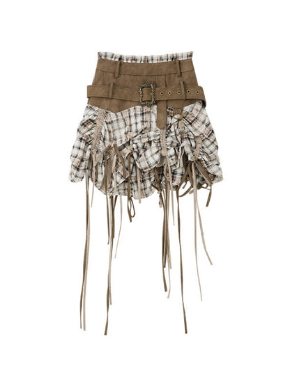 Ultra-Long Ribbon Plaid Wide Belt Niche Short Skirt【s0000017944】