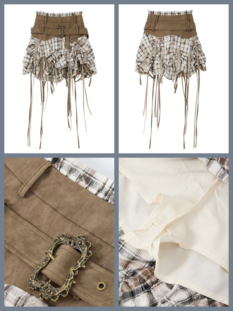 Ultra-Long Ribbon Plaid Wide Belt Niche Short Skirt【s0000017944】