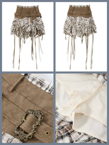 Ultra-Long Ribbon Plaid Wide Belt Niche Short Skirt【s0000017944】