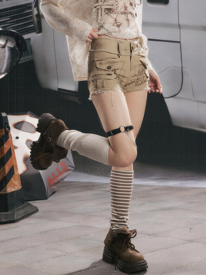Workwear Distressed Double-Layer Waist Shorts【s0000017945】