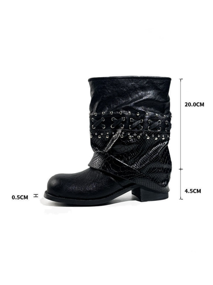 Heavy-Duty Studs Cross Lace Chunky Heel Platform Riding Boots【s0000017949】