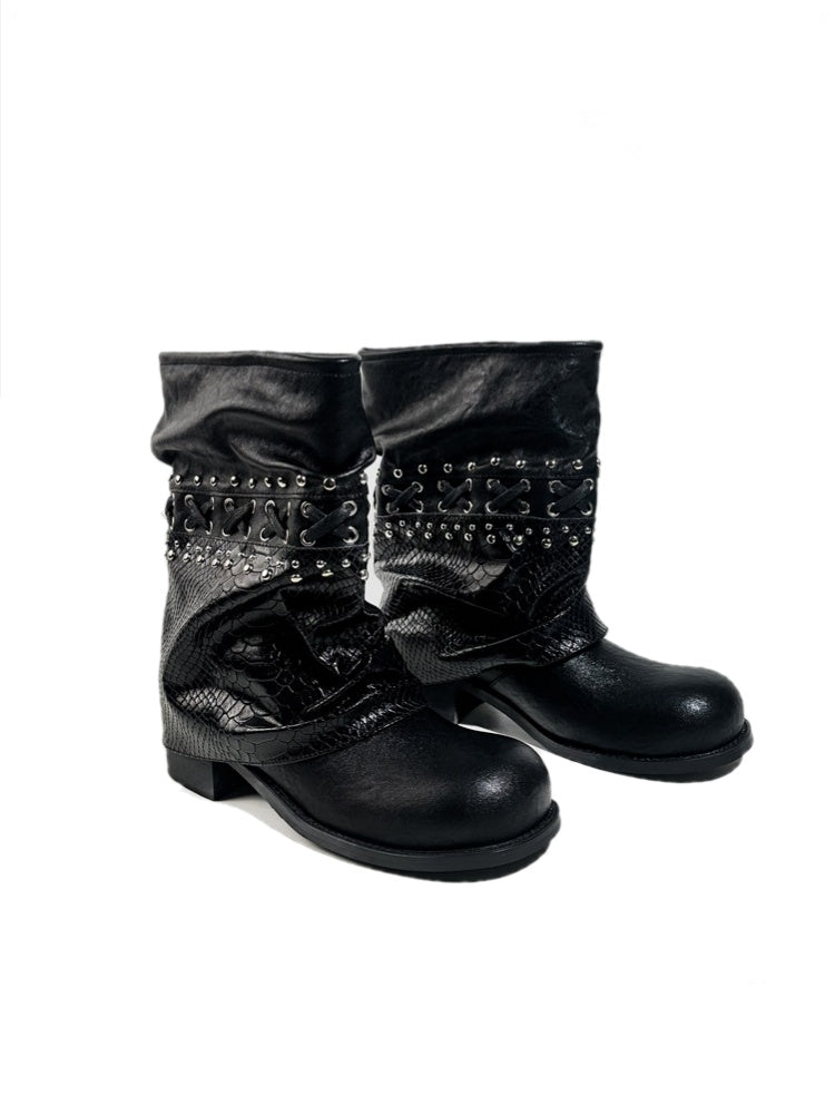 Heavy-Duty Studs Cross Lace Chunky Heel Platform Riding Boots【s0000017949】