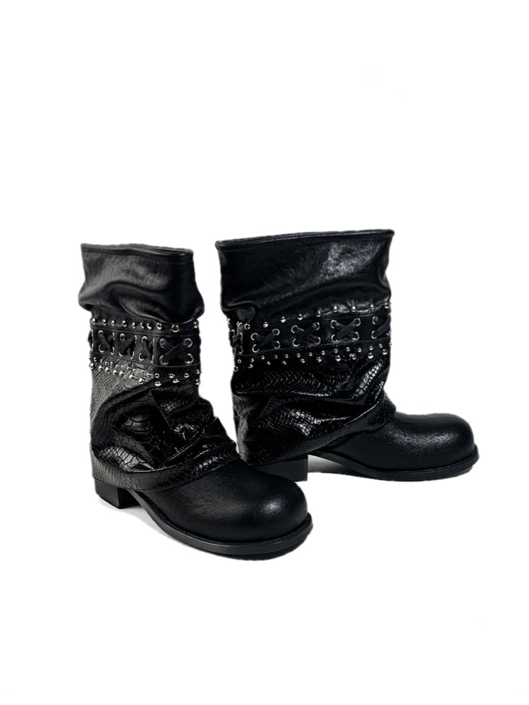 Heavy-Duty Studs Cross Lace Chunky Heel Platform Riding Boots【s0000017949】